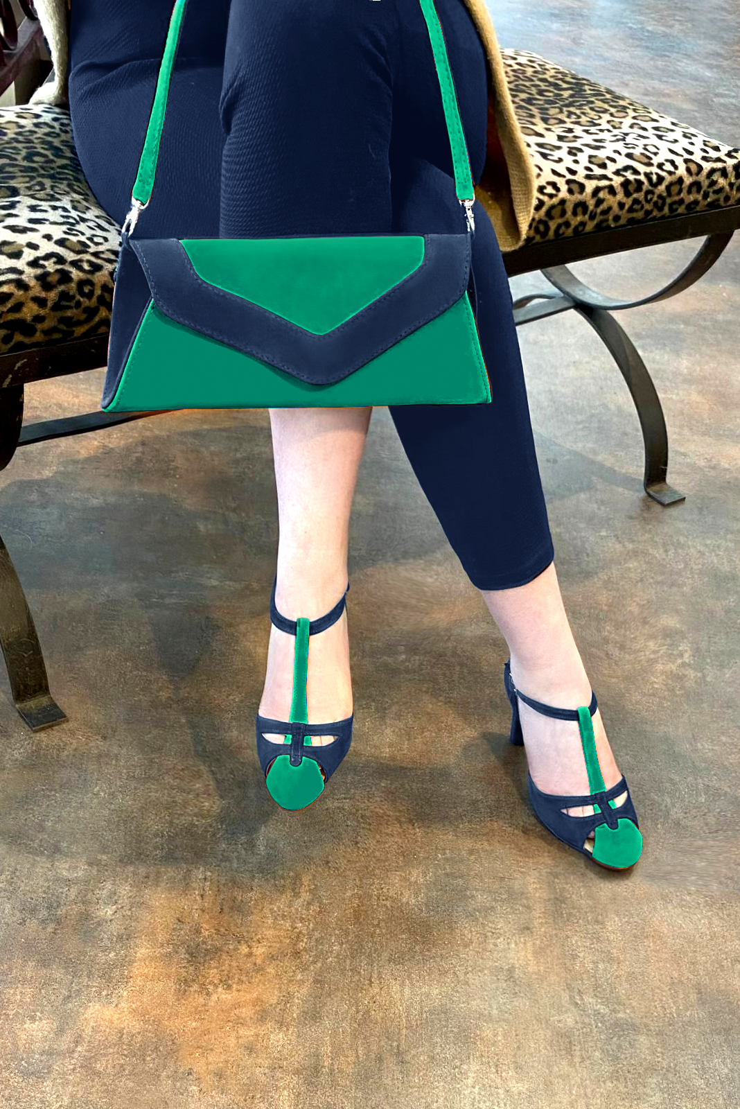 Emerald green and navy blue women's T-strap open side shoes. Round toe. High kitten heels. Worn view - Florence KOOIJMAN